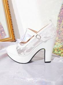 Giày cao gót lưới gợi cảm mới 2024, gót dày, mũi tròn thoáng khí, giày thời trang nữ màu trắng - trắng - Xem 6