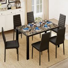 Asofer [2 Packages Shipping]Modern Dining Table Set Of 6,7-Piece Glass Dining Table Set, With PU Leather Chairs,  Kitchen Dining Table And Dining Chairs For Home, Kitchen, Living Room - Đá cẩm thạch - Xem 1