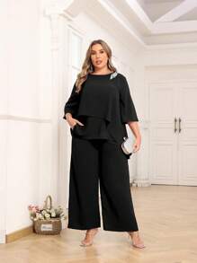 Graduation Plus Size Pant Suits Mother Of Bride Dressy Pant Suits 2 Piece Outfits With Pockets For Women Wedding Guest - 黑色 - 查看 2