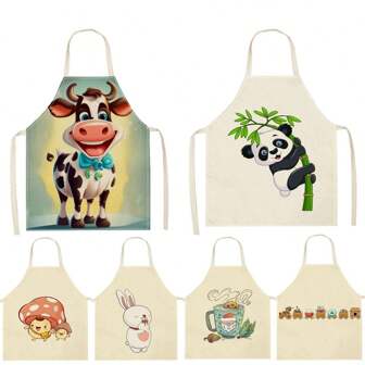 1pc Cute Cartoon Cow, Panda, Mushroom, Rabbit, Coffee, Small Train 3D Pattern Linen Apron For Home Cooking, Kitchen Wear, And Cooking Enthusiasts