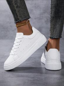 Scarpe da skate casual leggere e versatili da donna, con punta tonda bianca, traspiranti e con lacci, stile campus
