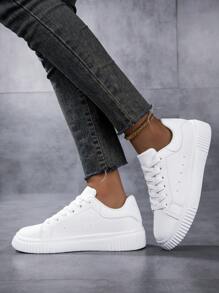Scarpe da skate casual leggere e versatili da donna, con punta tonda bianca, traspiranti e con lacci, stile campus