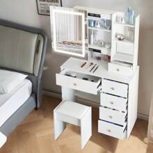 Holiday Specials Schminktisch Spiegel Mit 10LED Lichter Hocker Makeup Eitelkeit Set Schreibtisch + 6 Schubladen - 白色-LED燈條 - 查看 2