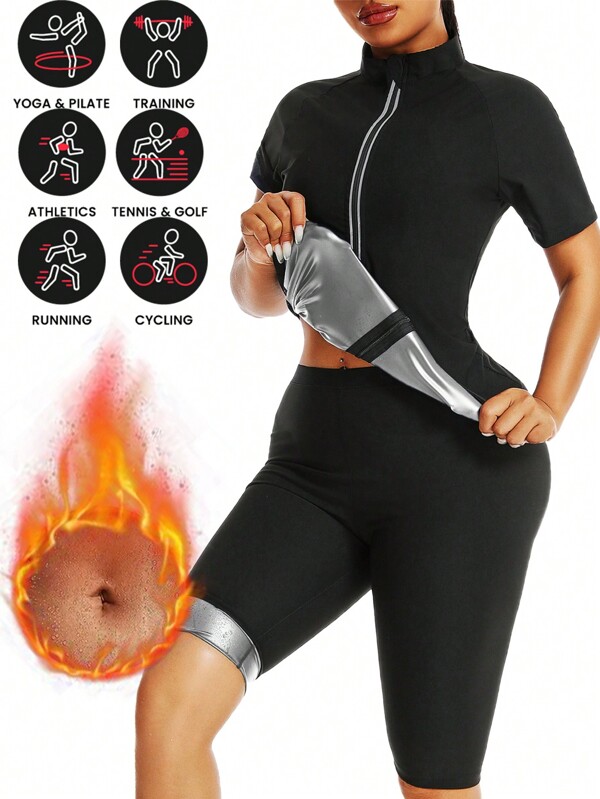 1pc 2025 New Women Outdoor Running/Fitness Short Sleeve Sports Yoga Tight Shirt With Zipper, Sauna Exercise Wear For Weight Loss, Shaping Underwear To Control Abdomen, Waist And Bust Gym Accessories Belly Slimming Girdles, Lumbar Girdles Belly Slimming Corset