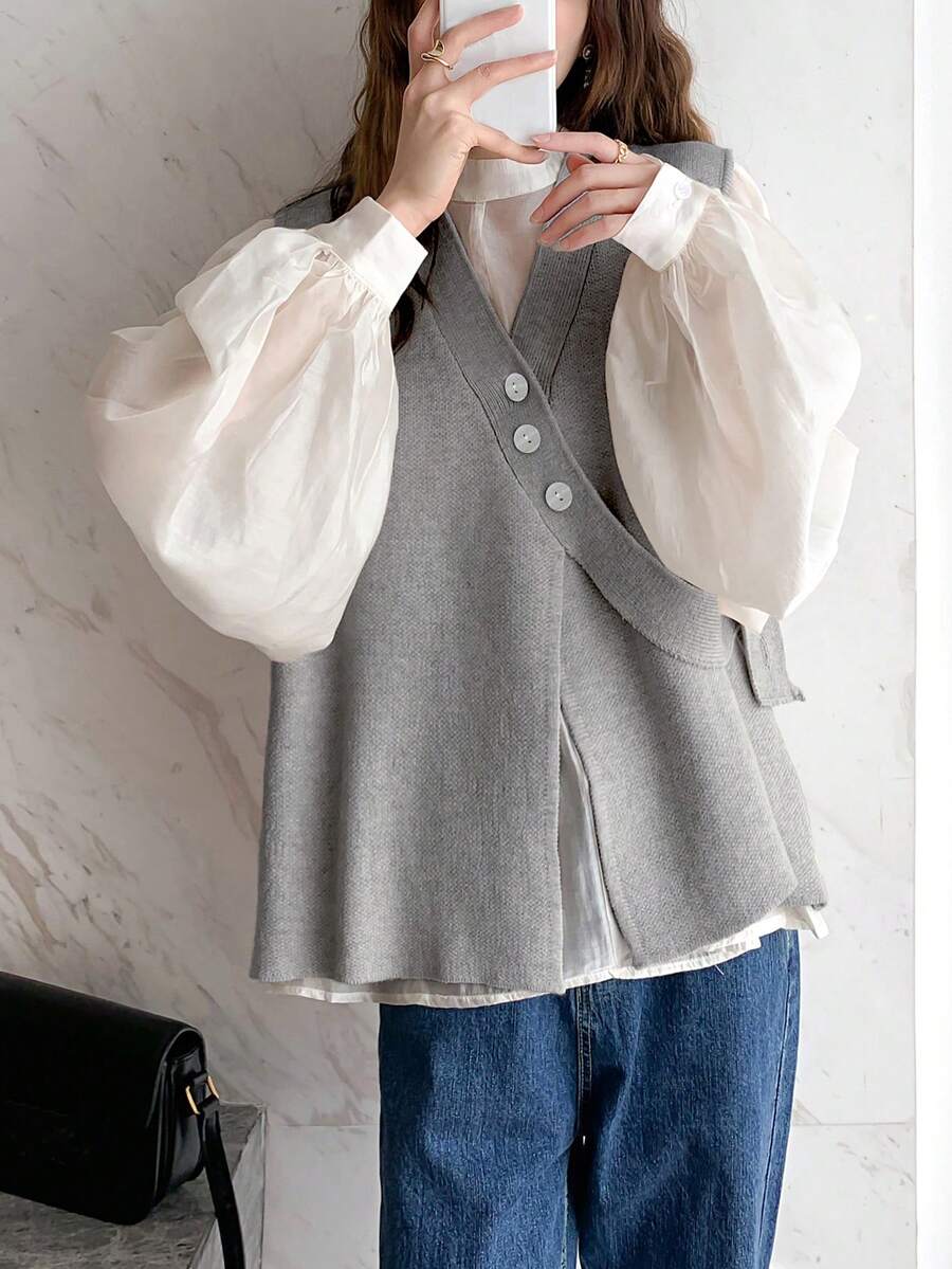 Áo len cardigan không tay cổ chữ V thiết kế tối giản - Màu Xám nhạt - Xem 1