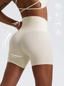 1 Piece High Stretch Nude Yoga Shorts Cycling Pants For Running Gym Cycling Sports Women Sweat Absorbent Breathable Tight Shorts - 米色 - 查看 2