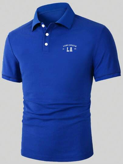 青少年男童蓝色百搭舒适休闲长款沙滩纽扣3D印花Polo衫