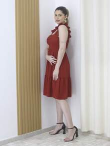 Short Popcorn Dress With Lace At The Waist, Straps With Ruffles And Padded Bra - 駝色 - 查看 2