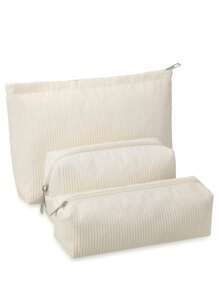 Women's Makeup Bag, Corduroy Makeup Bag Organizer Aesthetic Design Cosmetic Pouch, Girls Pencil Pouch, Cute Smile Face Pink Bow Pattern Y2K Stylish Cosmetic Bag For Travel ,Back To School Make Up Bag - White - View 2