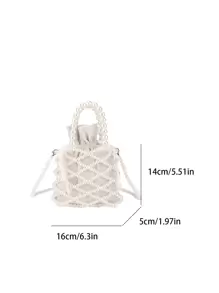 优雅珍珠手提包，手工串珠单肩包，夏季女士水桶包斜挎包 - 白色 - 查看 9