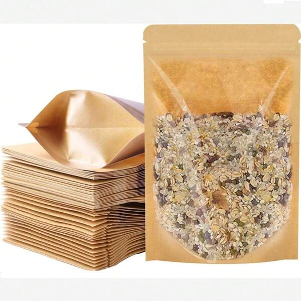 50 piezas de bolsa de papel kraft marrón con cierre transparente para bolsa de plástico con cierre, bolsa con cierre de pie, bolsa con cierre de cremallera recerrable para almacenamiento de nueces, café, alimentos