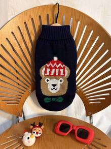 LUCKIE LABO 一件趣味印花针织毛衣，适合吉娃娃等小型犬的保暖冬季服装，可爱休闲，适合室内外穿着，圣诞节宠物服装 - 藏蓝色 - 查看 5