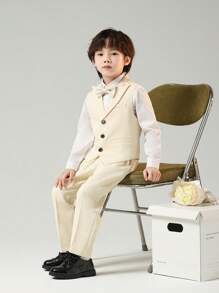 3 piezas/Set Traje de chaleco para niños, traje formal para niños, atuendo de paje de boda, ropa para presentación de piano (Chaleco + Pantalones + Corbata de moño) - Beis - Ver 1