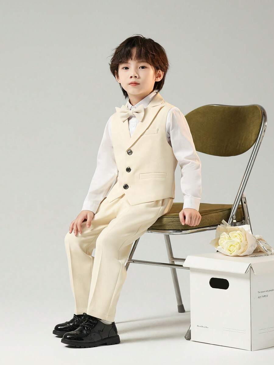 3 piezas/Set Traje de chaleco para niños, traje formal para niños, atuendo de paje de boda, ropa para presentación de piano (Chaleco + Pantalones + Corbata de moño) - Beis - Ver 1