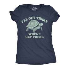 Womens Funny T Shirts Ill Get There When I Get There Sarcastic Turtle Graphic Tee For Ladies Funny Womens T Shirts Cute Vintage Fashion Casual Ladies T-Shirt Gift - 希瑟海軍藍 - 查看 1