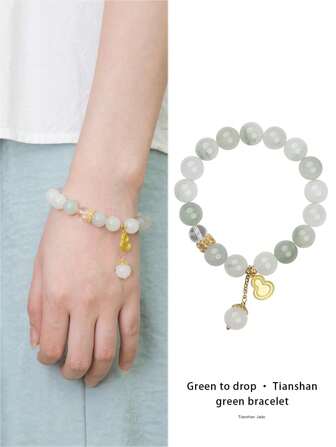 VE 1 件优质天山玉石英手链，颜色自然，质地光滑，寓意吉祥，独特的绿色色调带来活力，天然宝石颜色可能有所不同