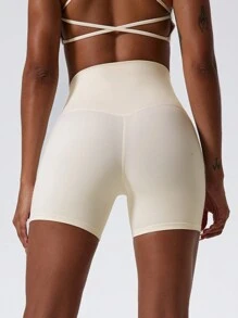 1 Piece High Stretch Nude Yoga Shorts Cycling Pants For Running Gym Cycling Sports Women Sweat Absorbent Breathable Tight Shorts - 米色 - 查看 6