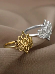 1pc Vintage Lotus Flower Ring, Women's Gold Stainless Steel Floral Ring, Wedding Couple Ring, Elegant Jewelry, Gift For Valentine's Day, Mother's Day - Flower - View 8