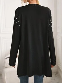 Ladies Beaded Round Neck Long Sleeve Cardigan, Fashionable And Elegant Casual Knitted Sweater - Black - View 3