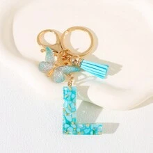 Llavero con letra del alfabeto en azul cielo con flecos de mariposa, llavero con inicial de piedra de resina con mosquetón - Accesorio decorativo de llavero para mujer, niña, mochila, colgante, accesorios para bolso, cordones con portaidentificación, accesorios para coche, encantos para bolso, regalo de Navidad, regalo para maestra, amiga, hermana - Multicolor - Ver 3