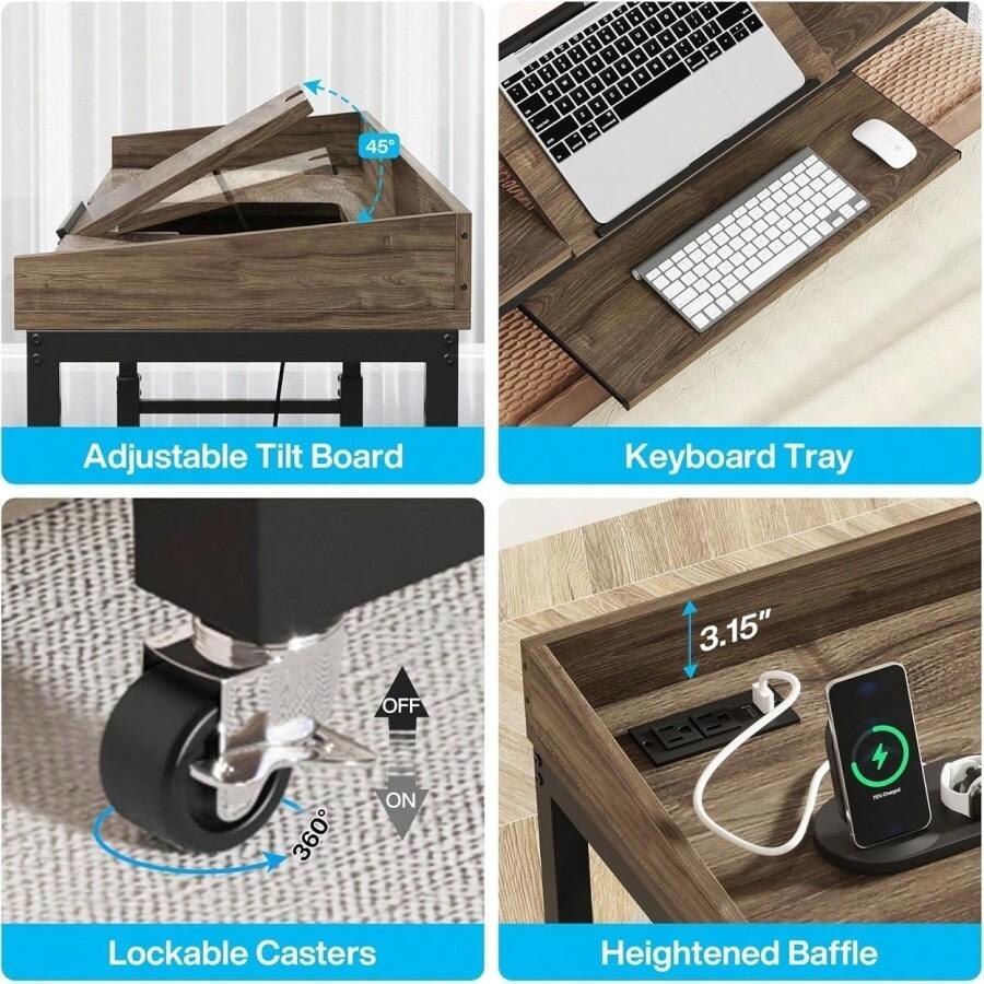 Height Adjustable Overbed Table With Wheel And Adjustable Tilt Stand