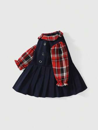 1pc Young Girl School Style Dual-Breasted Plaid Patchwork 2 In 1 Long Sleeve A-Line Dress, Spring/Fall