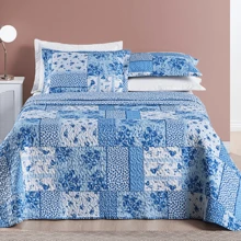 Double-Sided Bouti Bedspread With Pillowcase In Various Prints - Blue - View 2