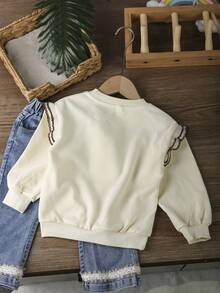 1 Stück Locker sitzender Rundhalsausschnitt Sweatshirt mit Rüschenärmeln in Weiß für Kleine Mädchen, Herbst/Winter - Beige - Übersicht 9