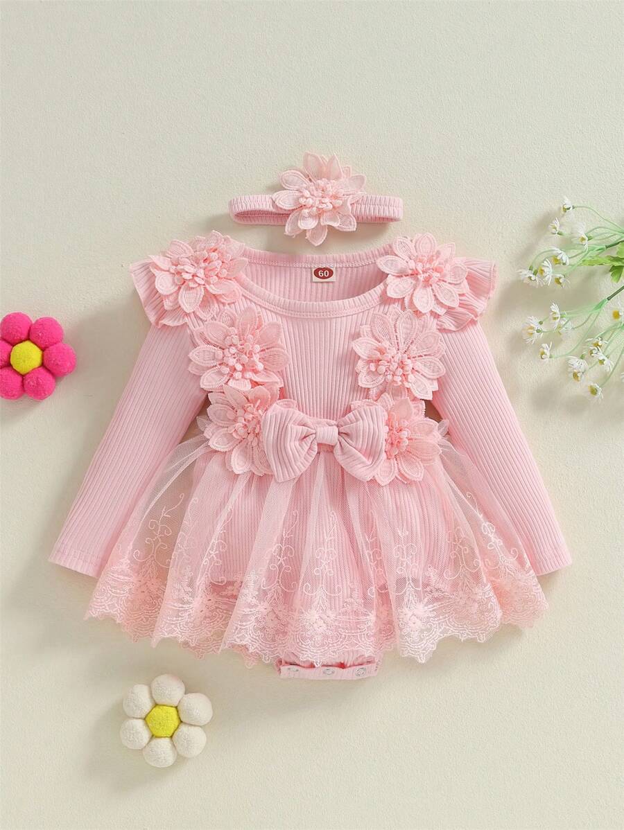 2Pcs Baby Girls Set 3D Flower Bow Long Sleeve Mesh Dress Bodysuit Headband Adorable Ribbed Outfits Sets