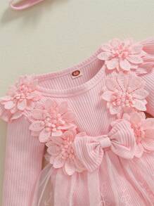 2Pcs Baby Girls Set 3D Flower Bow Long Sleeve Mesh Dress Bodysuit Headband Adorable Ribbed Outfits Sets