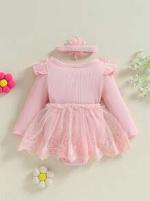 2Pcs Baby Girls Set 3D Flower Bow Long Sleeve Mesh Dress Bodysuit Headband Adorable Ribbed Outfits Sets