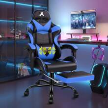 ALFORDSON Video Game Chair, Ergonomic Office Chair, Massage Racing Chair, Retractable Footrest, PU Leather, Height Adjustable And Tilt, 180kg Load Capacity - Blue - View 1