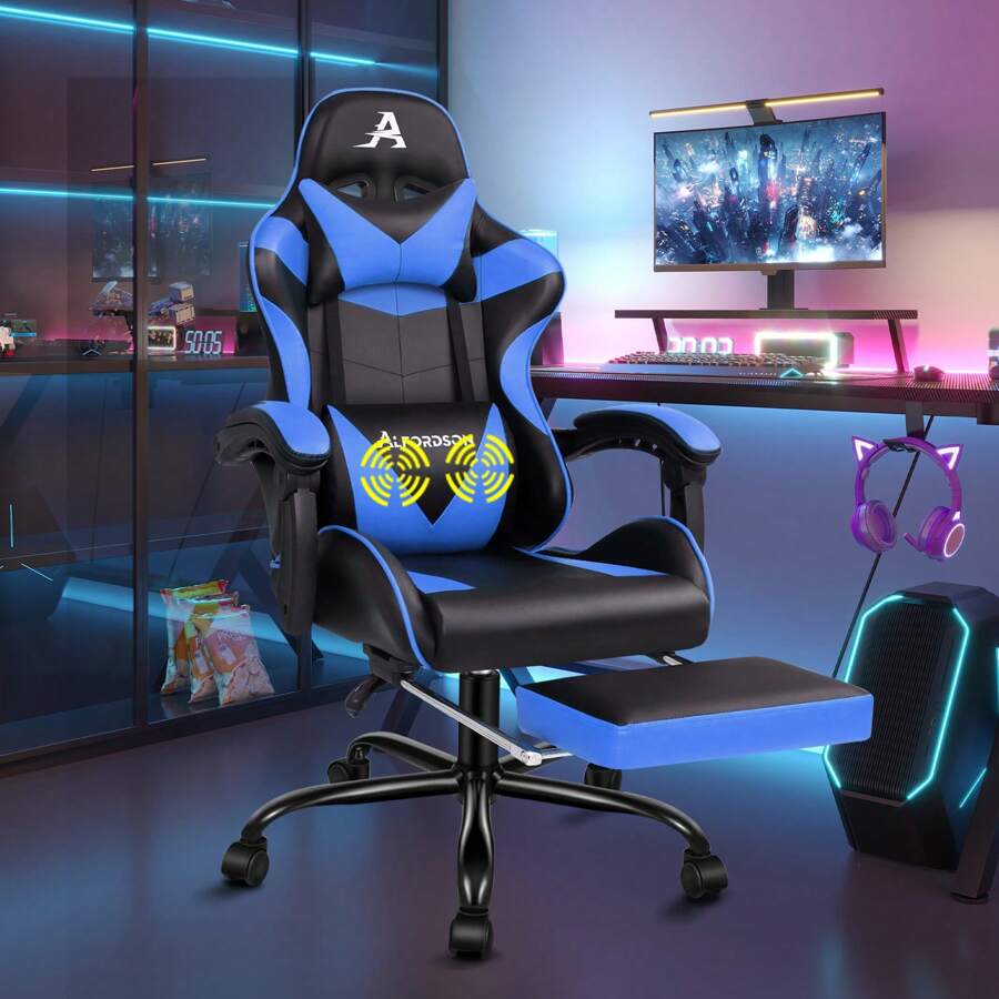 ALFORDSON Video Game Chair, Ergonomic Office Chair, Massage Racing Chair, Retractable Footrest, PU Leather, Height Adjustable And Tilt, 180kg Load Capacity - Blue - View 1
