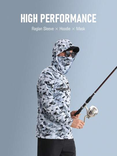 男友风格男士高性能蓝色迷彩连帽钓鱼衫带面罩长袖钓鱼服防紫外线速干球衣轻质透气面料