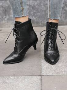 Black Pointed Toe Lace-Up Short Boots With Kitten Heels For Women