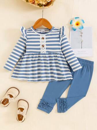 Baby Girl Blue & White Striped Long Sleeve Top And Ruffle Trim Long Pants 2pcs Outfit