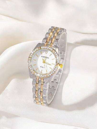 CARYINO 1pc Classic Business Quartz Horloge Stainless Steel Strap In Goud Zilver Embedded Diamonds, Wear