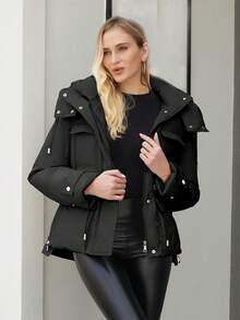 女士纯色长袖休闲收腰连帽加厚外套，冬季 - 黑色 - 查看 5