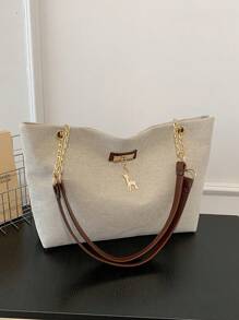 新款手提包，带时尚金属鹿装饰，大容量手提包，带链条肩带，双手柄休闲手提单肩包，女士时尚手提包 - 米色 - 查看 1