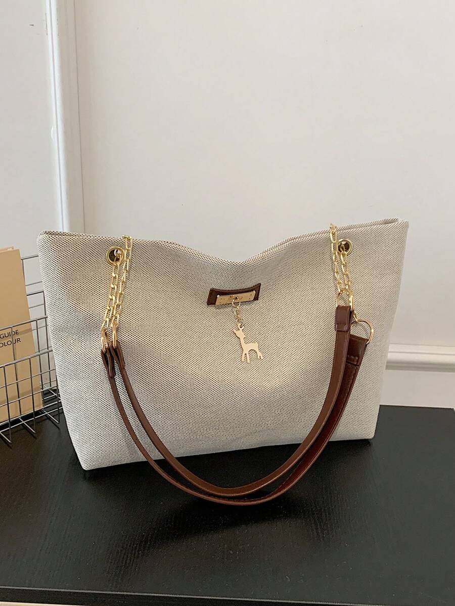 新款手提包，带时尚金属鹿装饰，大容量手提包，带链条肩带，双手柄休闲手提单肩包，女士时尚手提包 - 米色 - 查看 1