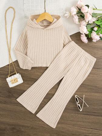 נערה צעירה סט מכנסיים רגליים מוצקות סריג מינימליסטי קפוצ'ון