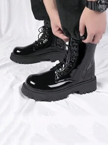 Men's Outdoor Autumn New Boots Motorcycle Boots Cargo Boots - Men's Boots British Style New Model Thick Sole High-Top Glossy Motorcycle Leather Boots