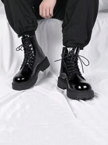 Men's Outdoor Autumn New Boots Motorcycle Boots Cargo Boots - Men's Boots British Style New Model Thick Sole High-Top Glossy Motorcycle Leather Boots