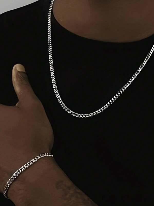 2 Pieces Hip Hop Stainless Steel Chain Set - Punk Fashion Necklace And Bracelet Set For Men's Everyday UseFestival Jewellery