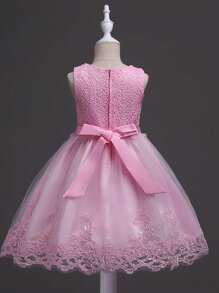 Vestido formal de niña preadolescente con detalles de lazo, encaje y gasa para boda, graduación y fiesta de princesa - Rosa - Ver 2