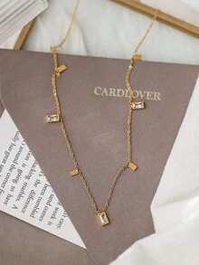 1 pieza Collar de diamantes pequeño y cuadrado, de acero inoxidable, elegante, dulce, único y delicado, adecuado para uso diario - Collar con borlas de diamantes cuadrados pequeños - Ver 4