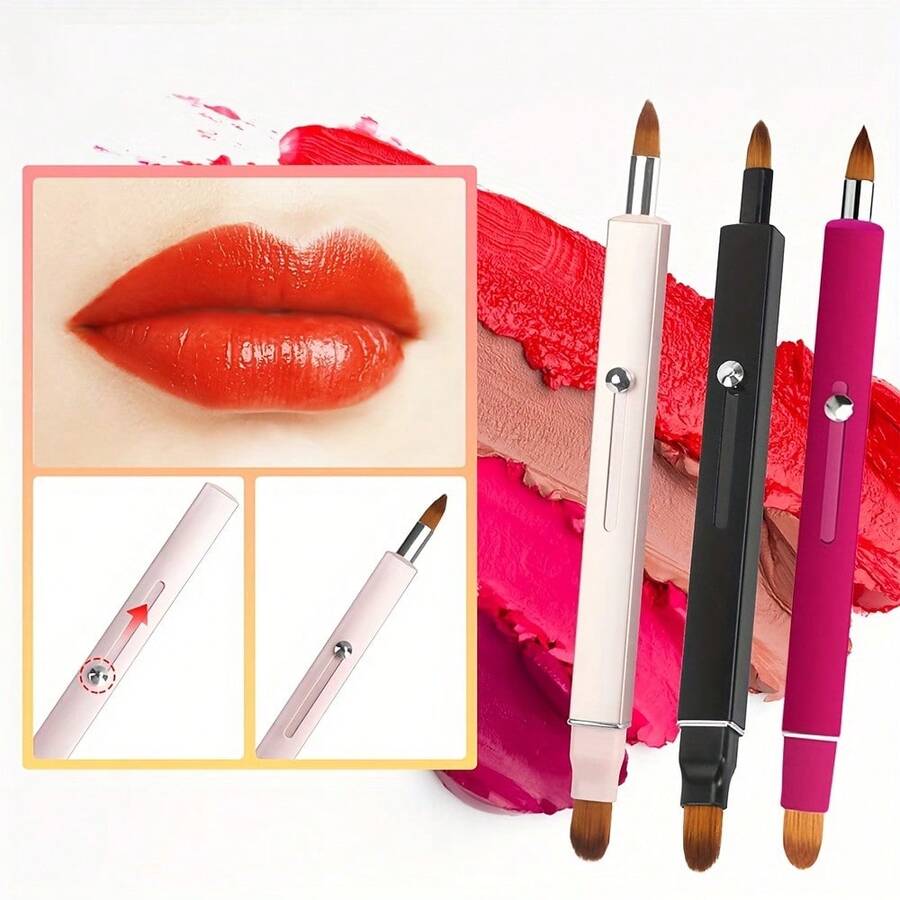 1pc 2In1 Portable Retractable Reversible Lip Brush & Lip Liner