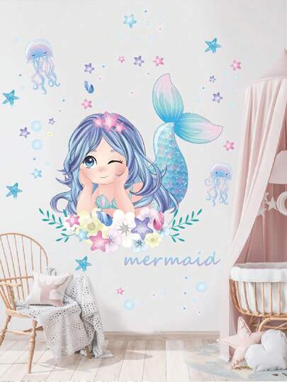 可爱卡通美人鱼水母海星气球墙贴儿童房装饰卧室客厅家居装饰墙贴