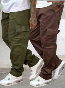 Kit 2 Men's Cargo Pants Jeans And Twill With Wide Legs And Elastic Waistband With Utility Pockets 100% Cotton, For Casual Work - 軍綠色 - 查看 1