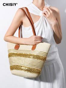 CHISIY Handmade Rattan Shoulder Bag, Elegant Woven Straw Tote Bag, Casual Vintage Fashion Spring/Summer Beige Backpack, Versatile Designer Affordable Large Capacity Practical Modern Handcrafted Tote For Work, Shopping, Travel, Dating, Weekend, Suitable For Women, Fashionista, Commuter, Valentine's Day, Mother's Day, Birthday, Anniversary, Graduation - Gold - View 11